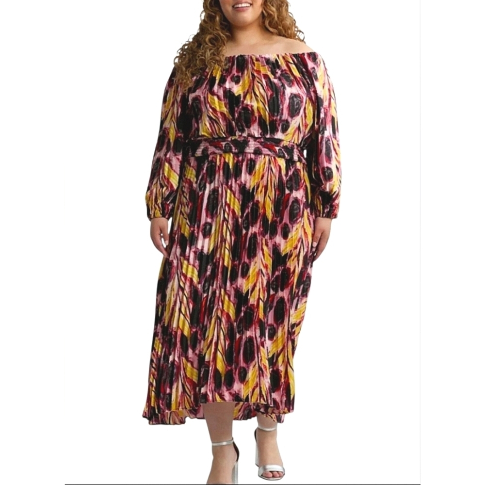 Terra & Sky Black Label Plus Pleated Off The Shoulder Midi Dress Size 1X NWT